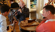 December 2014: Martin Doyle playing tunes with his friends Shardul (flute) and Anurakta (guitar) in the dining room of The Lotus-Heart vegetarian restaurant in Christchurch, New Zealand.