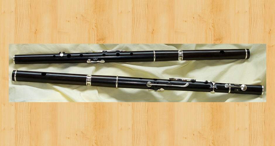 Two Martin Doyle keyed flutes (three and six key) made from African blackwood.
